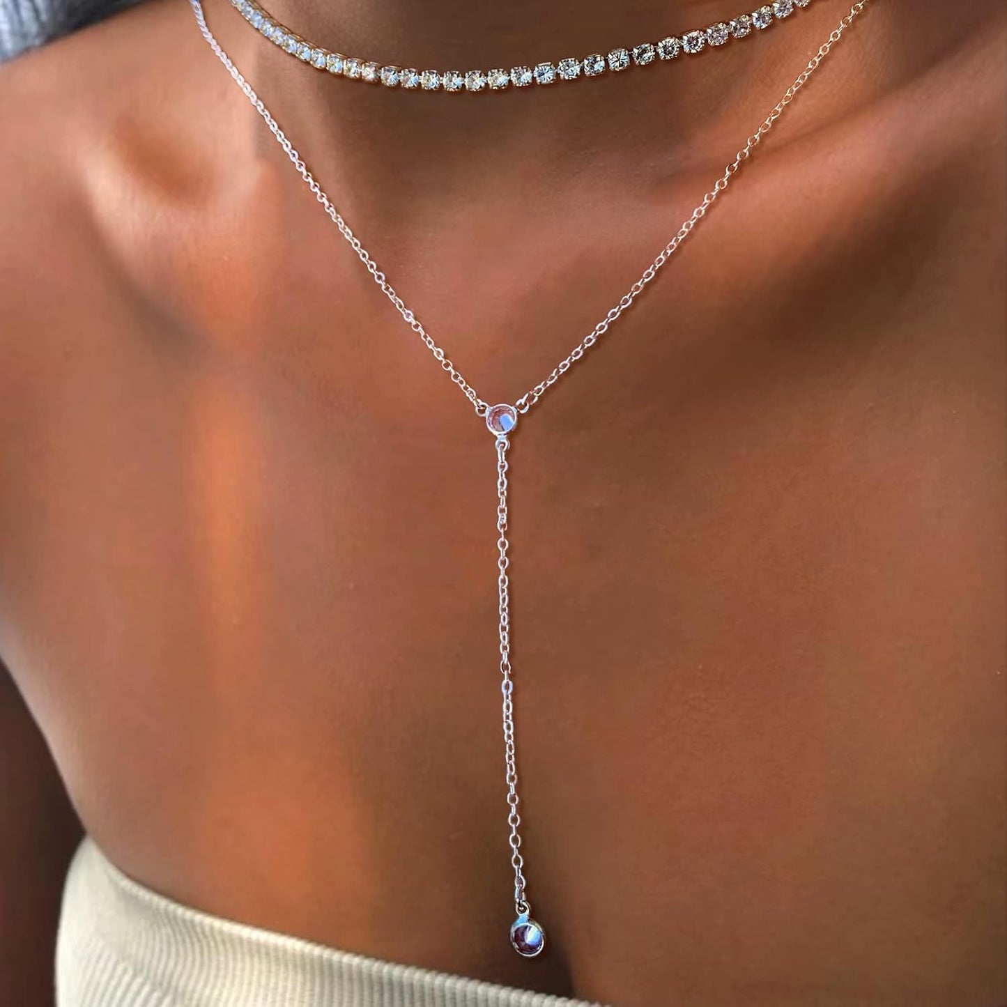 Lariat Gold Necklace for Women, Dainty Long Necklace 14k Gold Plated/Silver Y-Shaped Layered Beaded Chain Drop Necklaces for Women Trendy Simple Gold Jewelry for Women Gifts