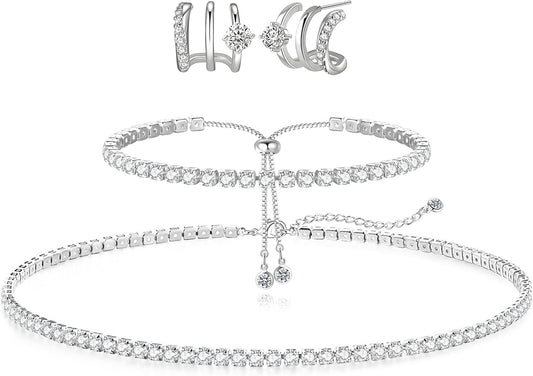 Tennis Necklace Bracelet for Women, Sterling Sliver, Dainty Chocker Necklace, Crystal Bracelet for Women, Wedding Jewelry for Bride, Sparkly Party Prom Hypoallergenic
