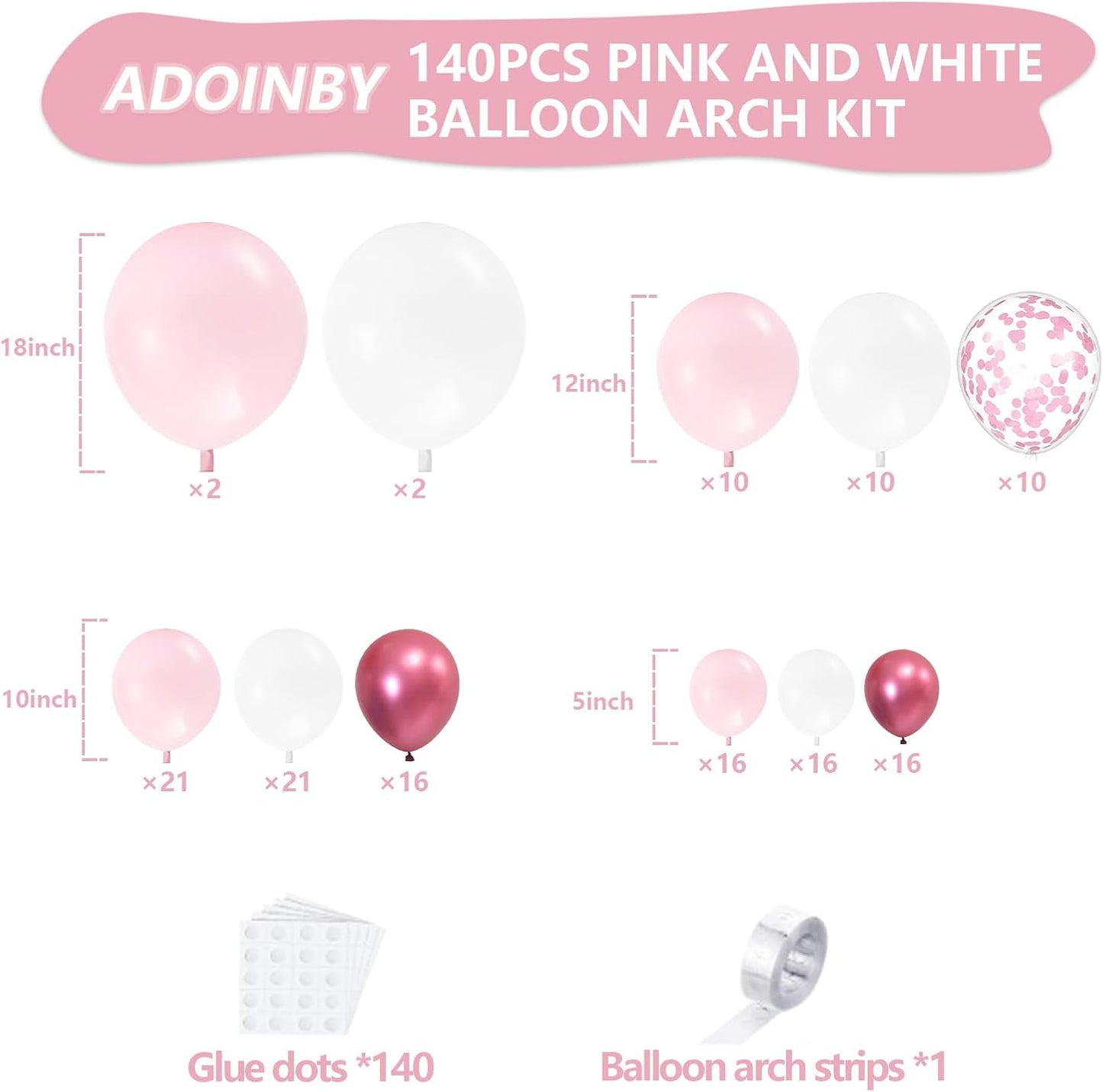 Pink Balloon Arch Kit, 140Pcs Pastel Light Metallic Pink and White Balloons with Pink Confetti Balloon Garland Kit for Birthday, Wedding, Engagements, Baby Shower, Anniversary Party Decoration