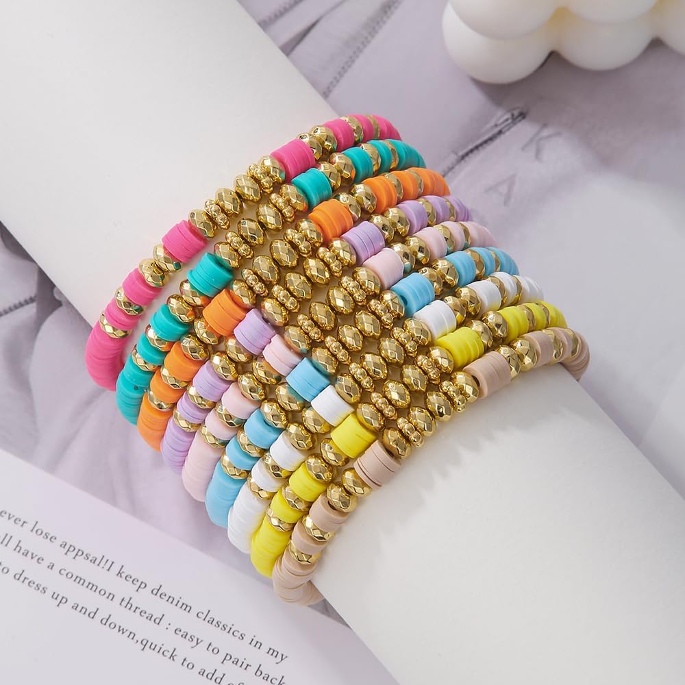 Friendship Bracelets for Women - Heishi Surfer Colorful Smile Evil Eye Clay Beaded Stretch Bracelets Elastic Layering - Stackable Boho Disc Y2K Aesthetic Summer Jewelry Set.