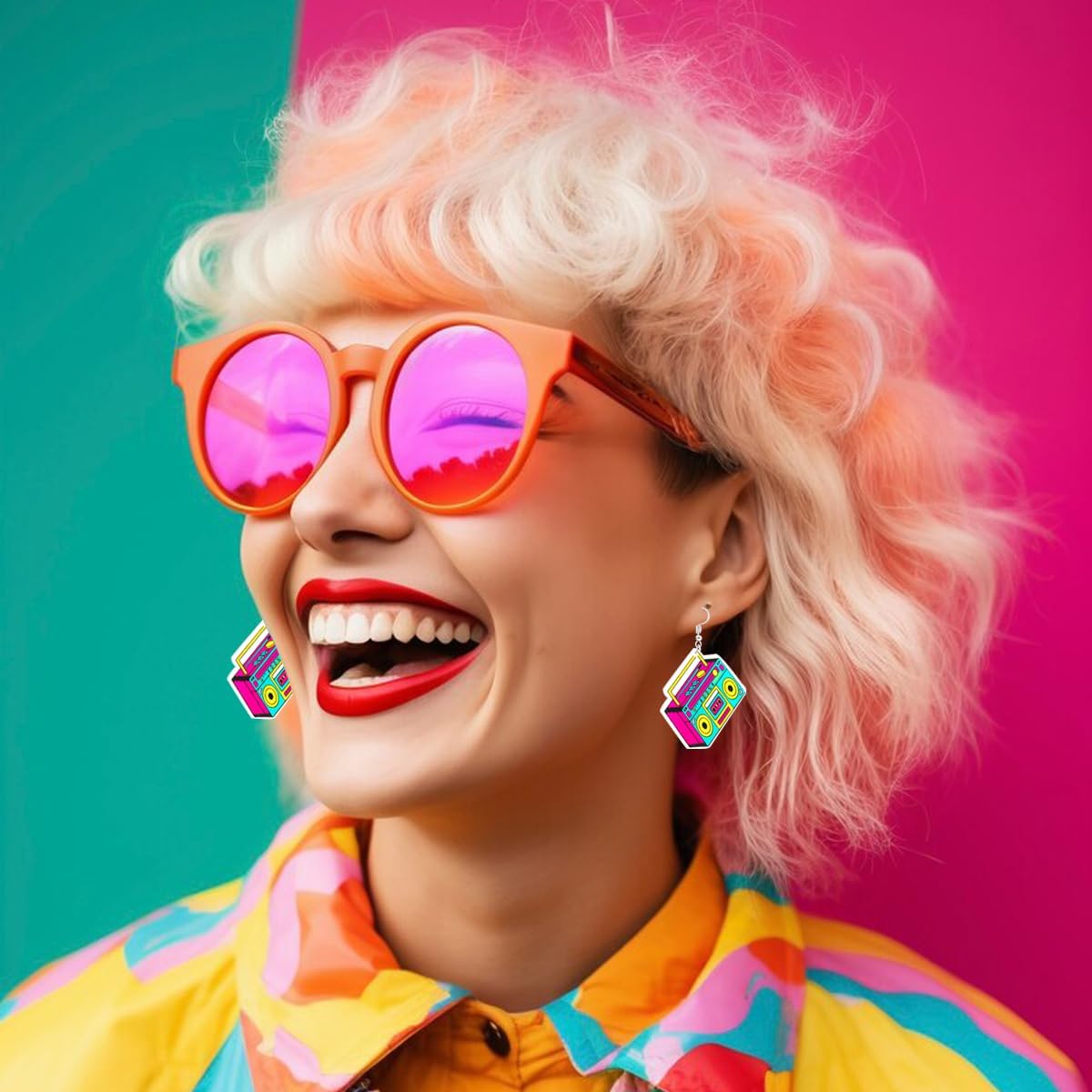 80s 90s Retro Cassette Tape Neon Earrings for Women Acrylic Radio Earring Set for 80s 90s Accessories Cosplay Party Jewelry Gifts