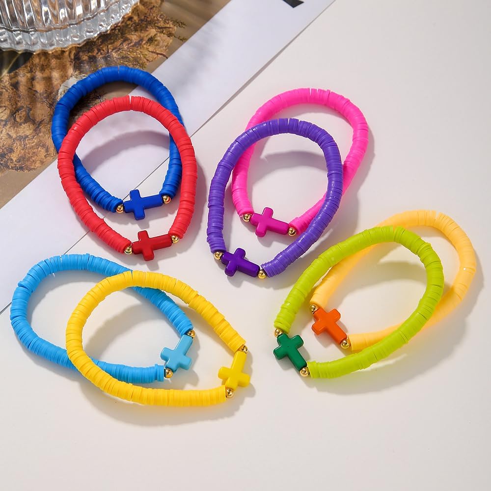 Friendship Bracelets for Women - Heishi Surfer Colorful Smile Evil Eye Clay Beaded Stretch Bracelets Elastic Layering - Stackable Boho Disc Y2K Aesthetic Summer Jewelry Set.