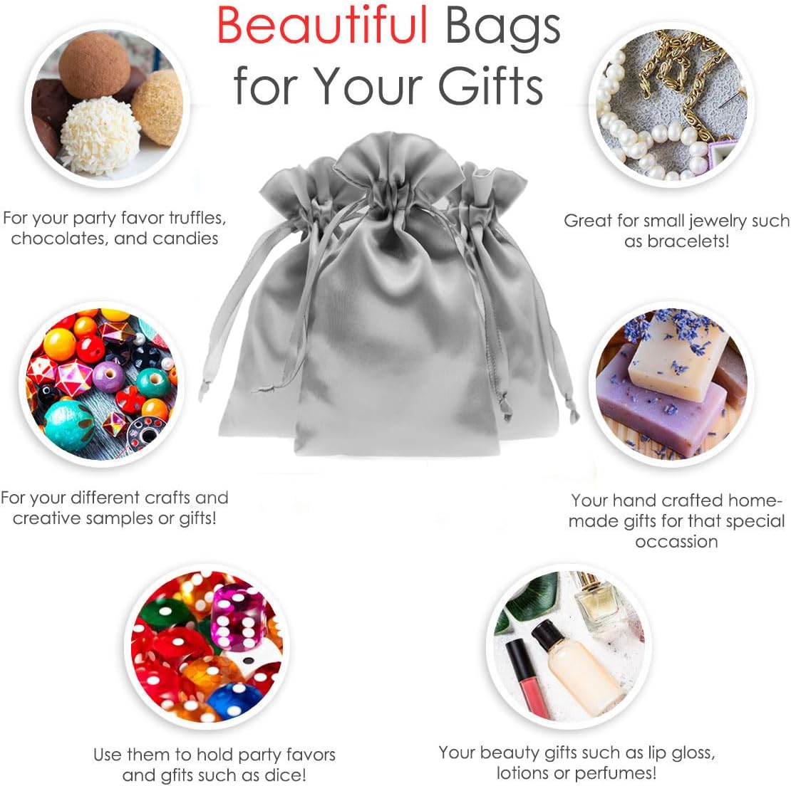 Silver Satin Gift Bags - 5" x 8" Jewelry, Wedding Favor, Baby Shower & Bags - 50 per Pack