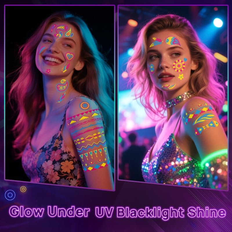 160 PCS Glow in The Dark Temporary Tattoos - Neon UV Blacklight Reactive Light Face Flash Tattoo Stickers,Festival Accessory Party Favors Supplies,Temp Great for EDM EDC Party Rave Parties 20 Sheet