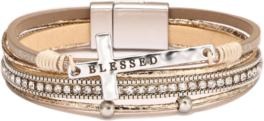 Fesciory Leopard Bracelet for Women, Boho Leather Wrap Multi-Layer Pearl Crystal Bracelet Bangle Jewelry