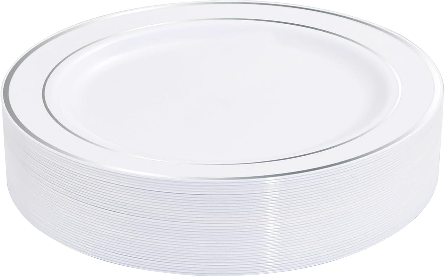 bUCLA 30PCS Silver Plastic Dinner Plates - Premium Heavy Duty 10.25inch Silver Disposable Party Plates, White and Silver Plastic Plates for Wedding & Christmas