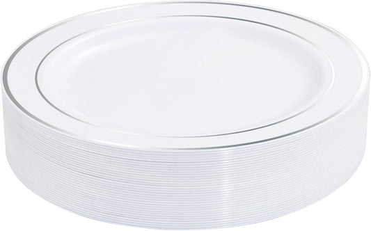 bUCLA 30PCS Silver Plastic Dinner Plates - Premium Heavy Duty 10.25inch Silver Disposable Party Plates, White and Silver Plastic Plates for Wedding & Christmas