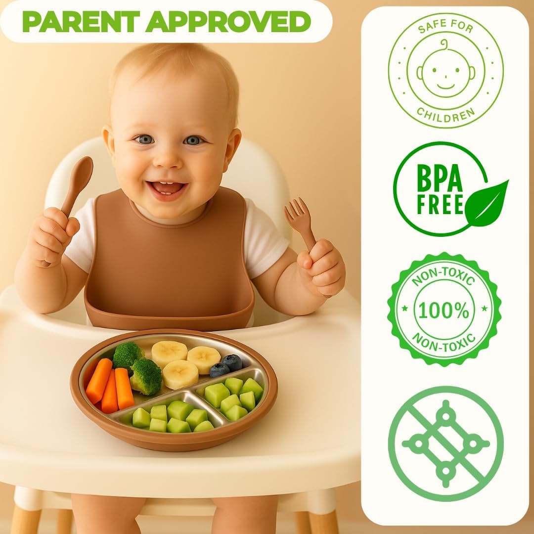 Stainless Steel Toddler Plate with Suction Set of 2, 8” Divided Plates with Removable Silicone Sleeves for Kids, Non Toxic & BPA Free | Non Slip | Unbreakable Baby Dishes, (Mocha Mousse & Sage Green)