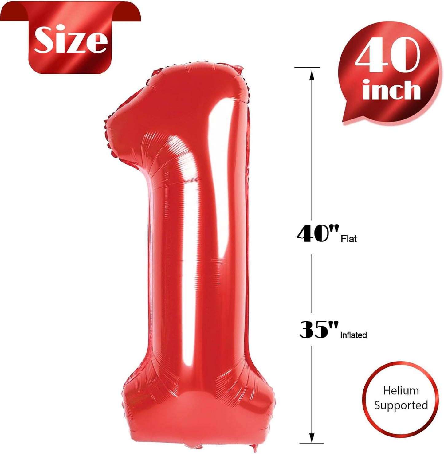 40 Inch Red 1 Balloon for First Birthday, Red One 1st Number Balloon Birthday Decorations for Red Party Supplies, Number 1 Balloon