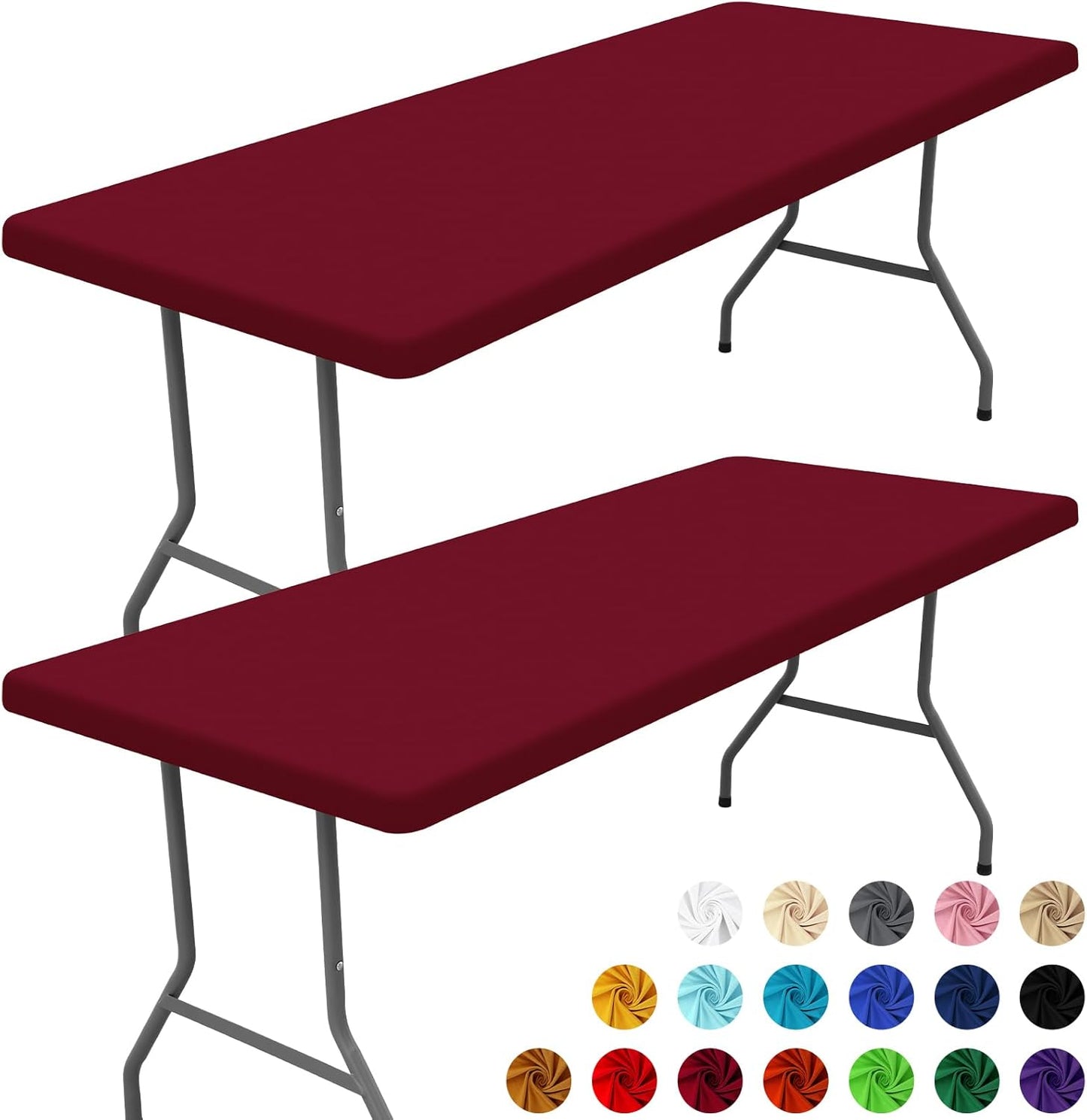 Spandex 6 Foot Rectangle Table Cloth 2 Pack, Elastic Fitted Tablecloths for Picnic, Stretch Washable Patio Table Cover for Outdoor, Camping, Banquet and Parties (Wine Red, 30"x72")