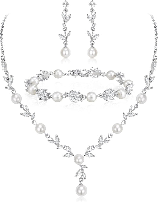 EleQueen Women's Simulated Pearl Wedding Jewelry Set, Cubic Zirconia Marquise Floral Bridal Necklace Earrings Bracelet Sets