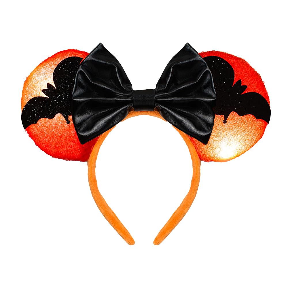 Halloween LED Mouse Ear Headband with Bats, Light Up Sequin Bow Hairband, Flashing Glowing Party Decoration Headwear Hair Accessories for Women Girls