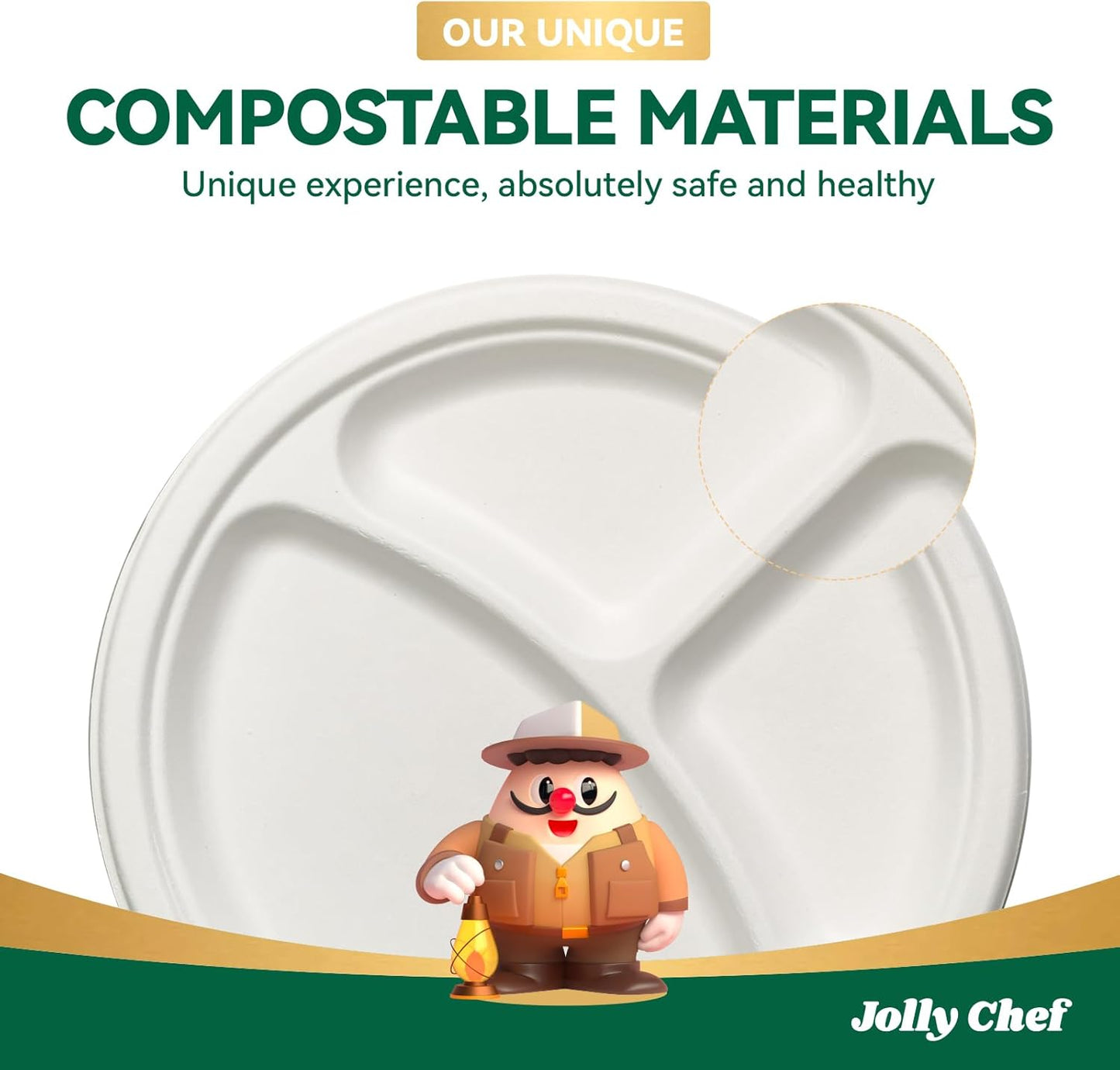 JOLLY CHEF Compostable 𝟯 Compartment Paper Plates 𝟭𝟬 𝗜𝗻𝗰𝗵 [𝟭𝟱𝟬 𝗣𝗮𝗰𝗸] Heavy Duty Divided Disposable Eco-Friendly Bagasse Biodegradable White Round Trays for Party Dinner Thanksgiving Day
