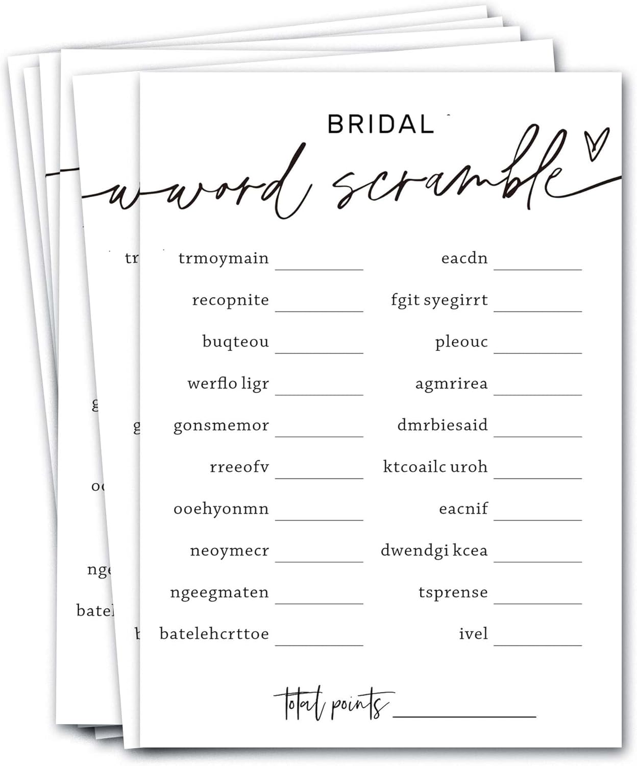 Wedding Shower Games Cards, Bridal Word Scramble, 25 Game Cards with 1 Answer Card, Engagement Party Wedding Games for Guests, Minimalist White Wedding Party Supplies - A14