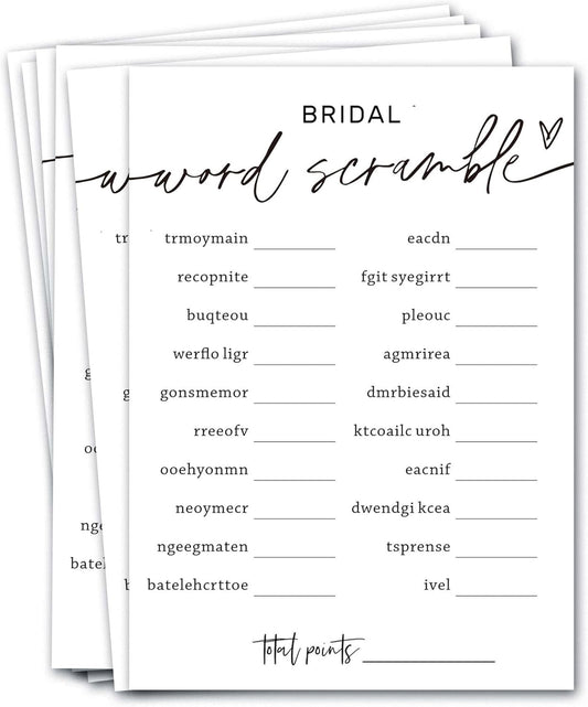 Wedding Shower Games Cards, Bridal Word Scramble, 25 Game Cards with 1 Answer Card, Engagement Party Wedding Games for Guests, Minimalist White Wedding Party Supplies - A14