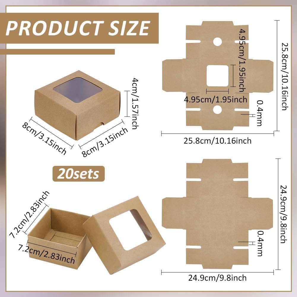 BENECREAT 20 PCS Brown Kraft Paper Box with Transparent Window, 3.15x3.15x1.57inch Square Kraft Paper Gift Box, For Wedding Party Gifts, Jewellery Packaging