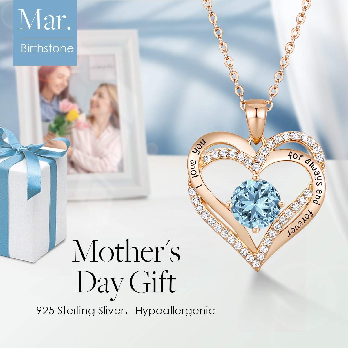 CDE Forever Love Heart Necklaces for Women, Wedding Anniversary, Birthday Mothers Day Christmas Day Gifts for Mom, Mother, Wife, friend, S925 Silver Jewelry with Birthstone Pendant