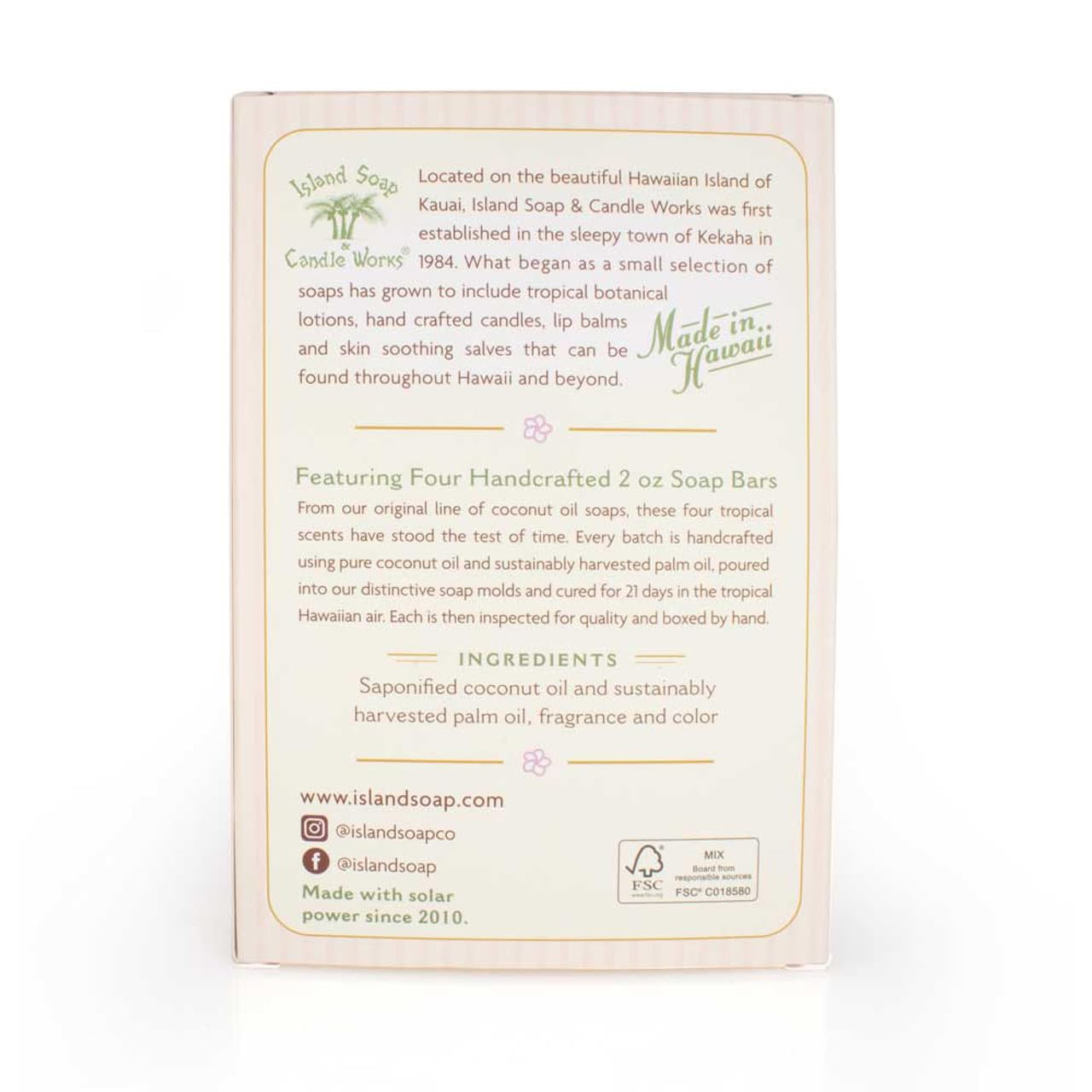 Island Soap & Candle Works Scented Coconut Soap Sample Pack, Four 2oz. Bars, Creamy Coconut, Plumeria, Pikake, Mango Coconut Guava