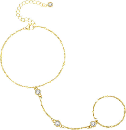 Listine Hand Chain Bracelet 14K Gold Plated Ring Bracelet Hand Chain Trendy Stuff for Women Dainty Hand Bracelets with Finger Ring Hand Jewelry for Women