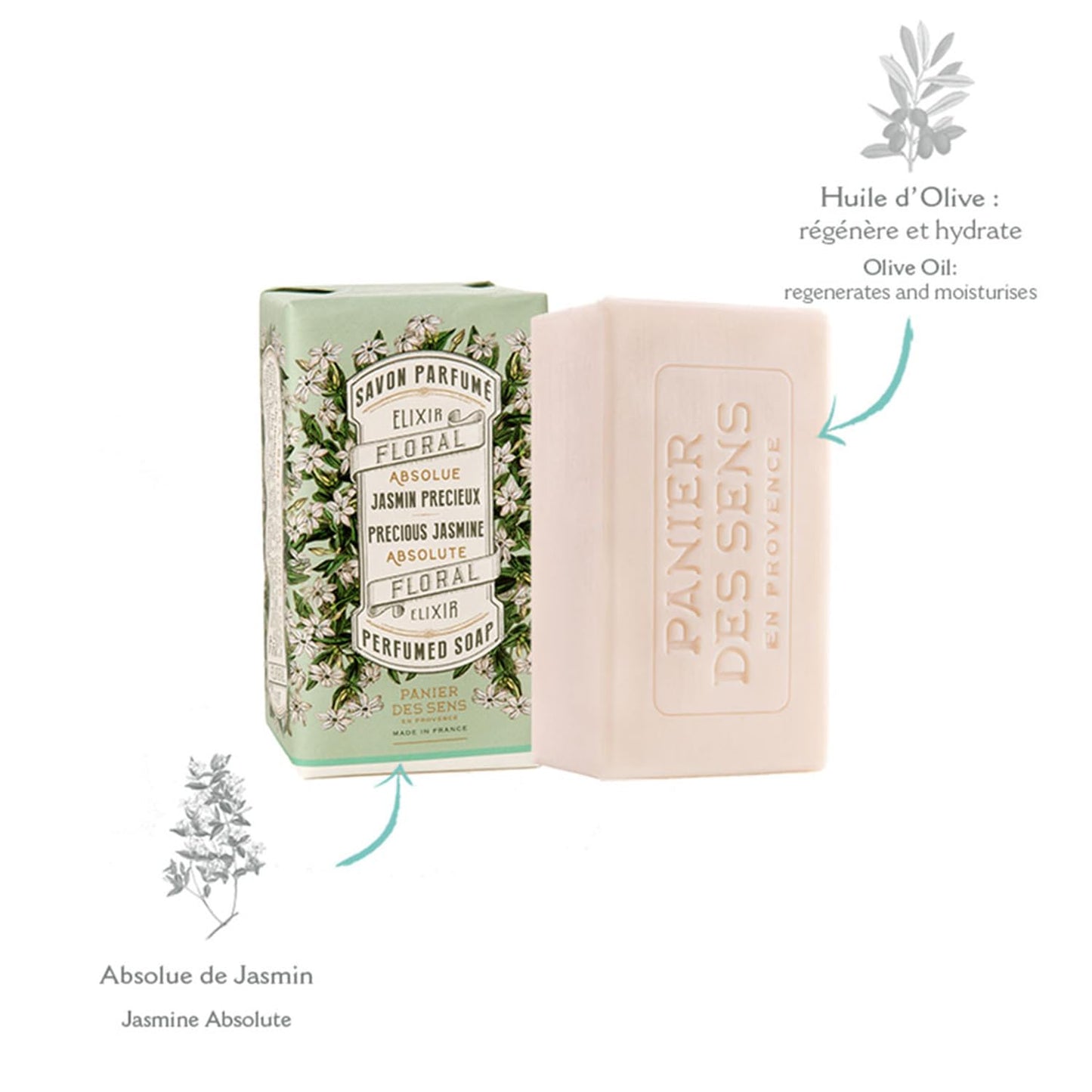 Panier des Sens - Jasmine Bar Soap 2x5.3 oz - Body & Hand Soap - Gentle Cleansing for Soft Skin - Moisturizing with Olive Oil - Vegan Friendly Milled Soap - 97% Natural Ingredients - Made in France