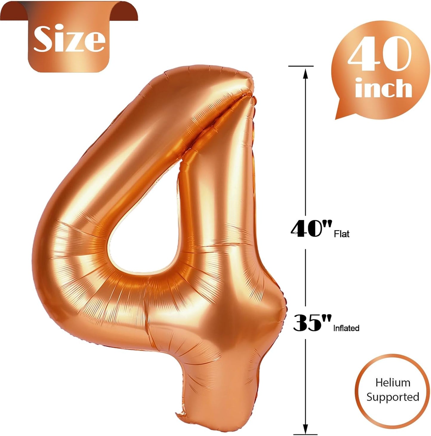 Orange 4 Balloon, Number Balloon 40 Inch, 4th Orange Party Decorations, Four Large Numbers for Party Decor, Number 4 Balloon
