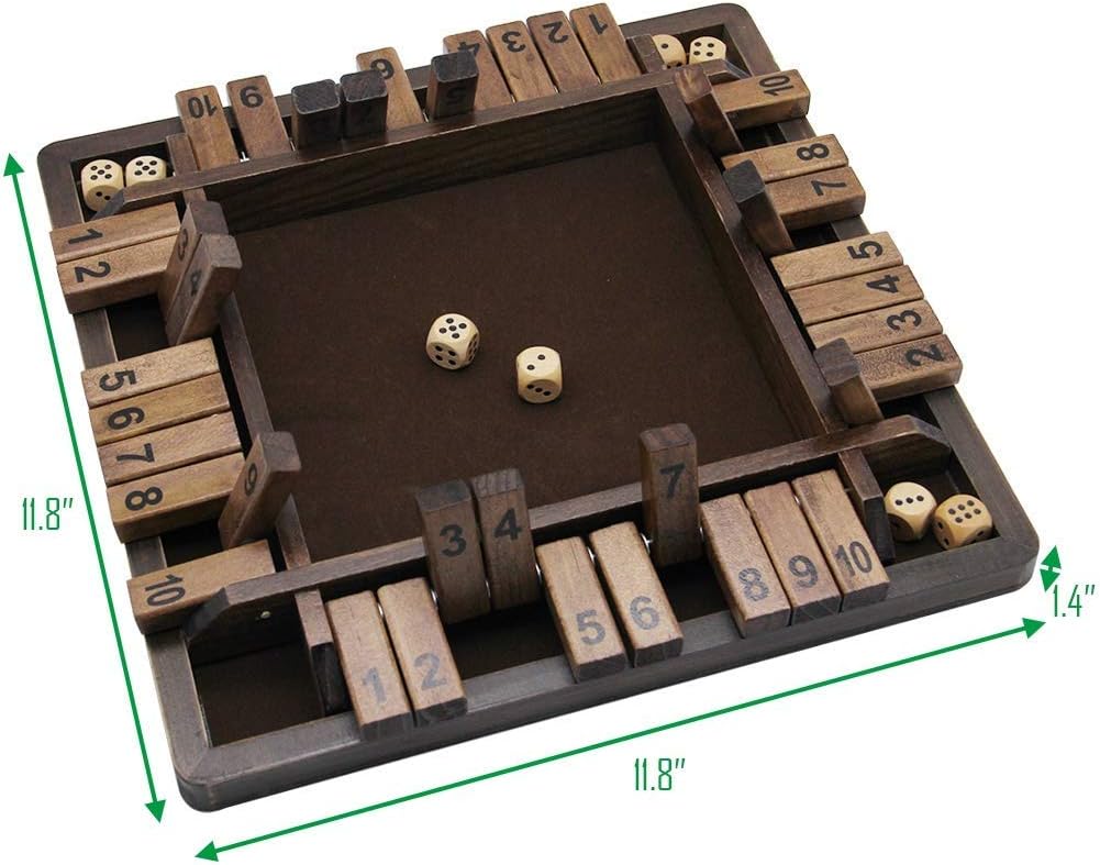 Juegoal Wooden 4 Players Shut The Box Dice Game, Classics Tabletop Version and Pub Board Game, 12 inch