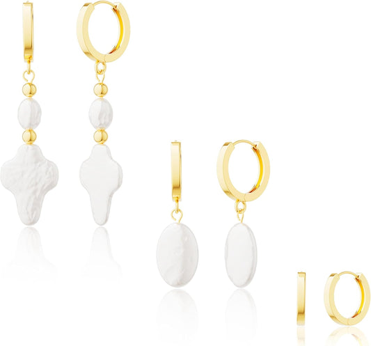 Moodear Gold Earrings for Women No Tarnish - Trendy 14K Gold Plated Pearl Hoop Studs Chain Earrings Stacks for Women Wedding Jewelry Gift