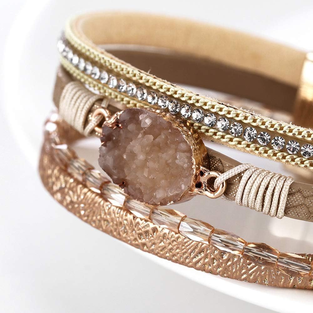 Fesciory Leopard Bracelet for Women, Boho Leather Wrap Multi-Layer Pearl Crystal Bracelet Bangle Jewelry