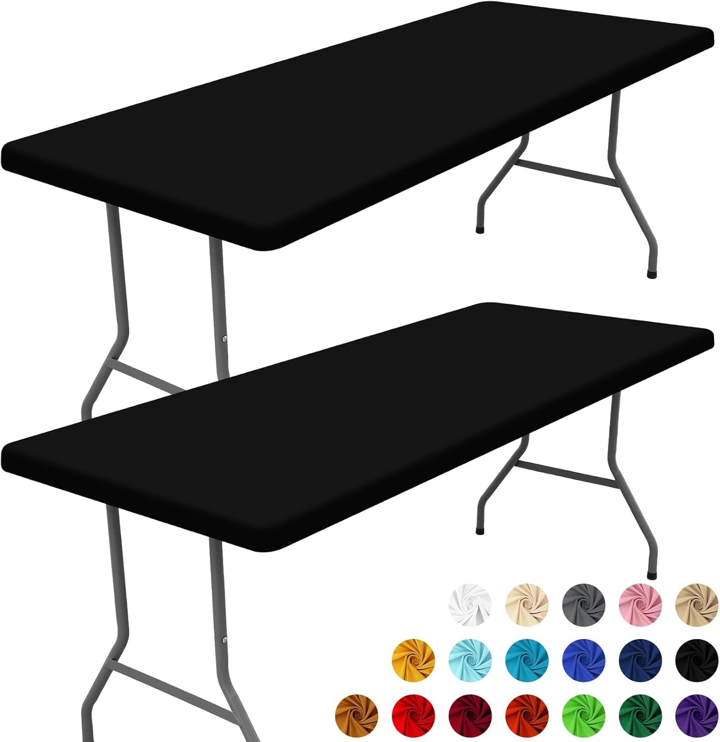 Spandex 6 Foot Rectangle Table Cloth 2 Pack, Elastic Fitted Tablecloths for Picnic, Stretch Washable Patio Table Cover for Outdoor, Camping, Banquet and Parties (Black, 30"x72")