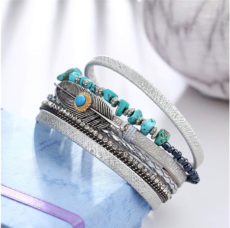Fesciory Leopard Bracelet for Women, Boho Leather Wrap Multi-Layer Pearl Crystal Bracelet Bangle Jewelry