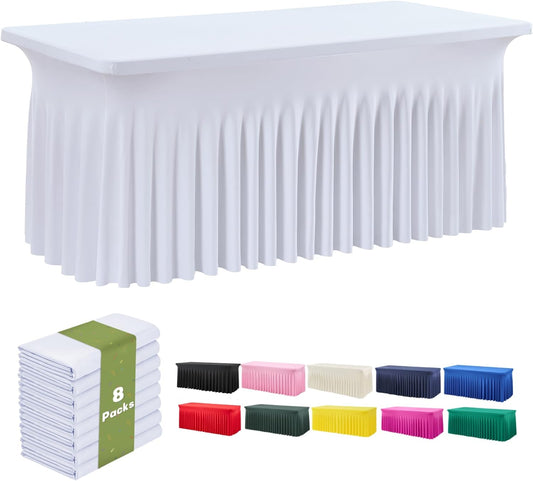 leegleri White Spandex Table Clothes for 8 Foot Rectangle Tables, 8 Pack Wrinkle Free Rectangle Table Cloth 8ft Stretch Fitted Tablecloths with Skirt for Parties Weddings Birthday Banquet Baby Shower