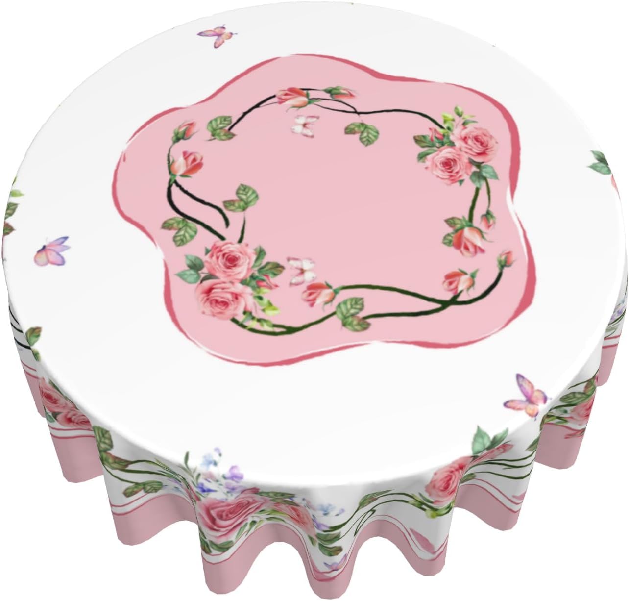 Giwawa Rose Flower Round Tablecloth 60Inch Valentines Day Pink Floral Butterflies Table Cover Romantic Spring Kitchen Dining Polyester Stain Resistant Table Cloth for Holiday Party Picnic Decor