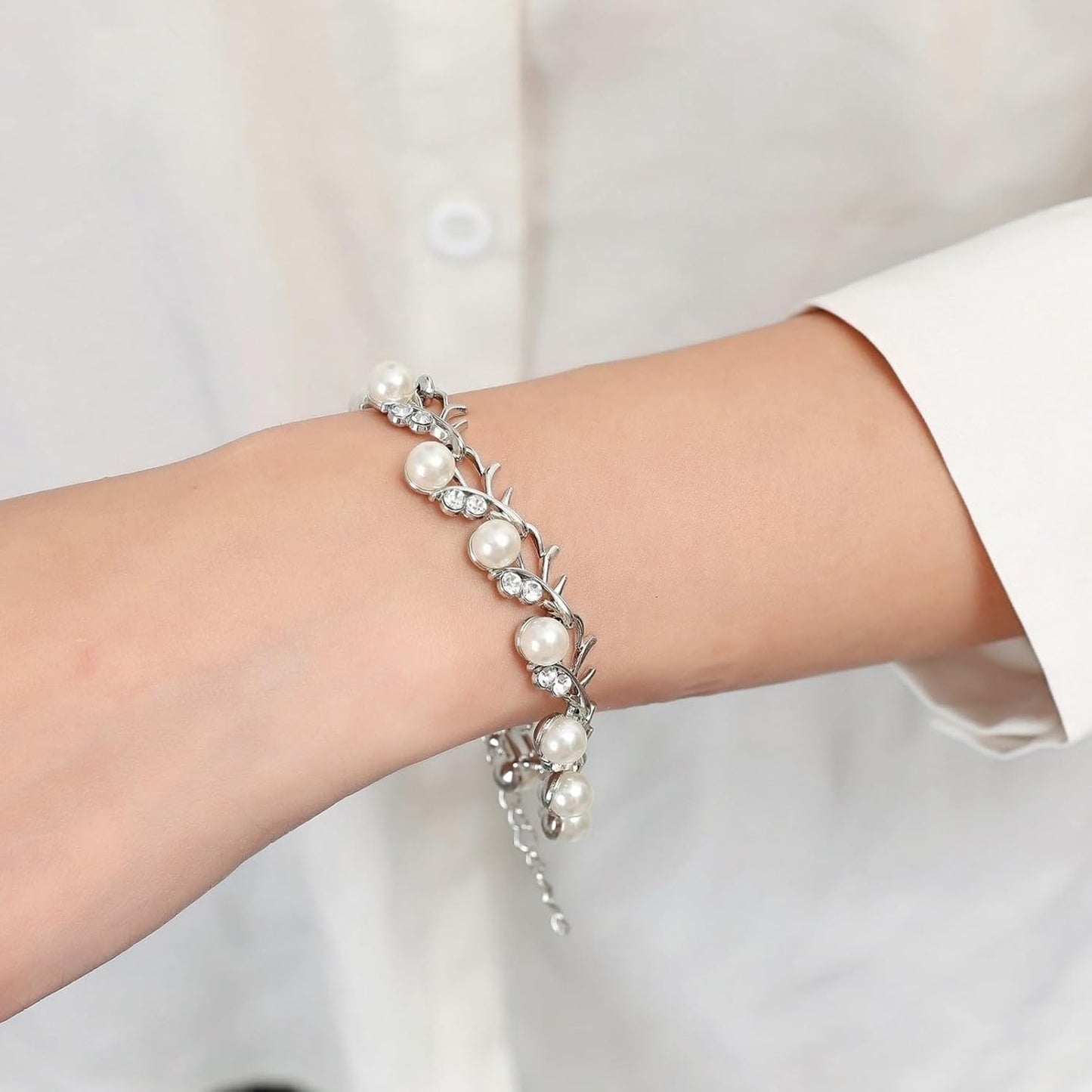 la luen Pearl Bride Wedding Jewelry Set Faux Pearls Crystal Rhinestone Necklace Earrings Bracelet Sets for Women Bridesmaid(3 PCS)