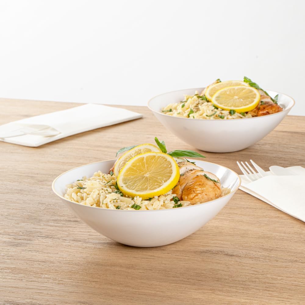 Moderna 16 Ounce Plastic Bowls, 20 Durable Disposable Salad Bowls - Gold-rimmed, Heavy-duty, White Plastic Fancy Bowls, For Warm And Cold Foods, Ideal For Restaurants - Restaurantware