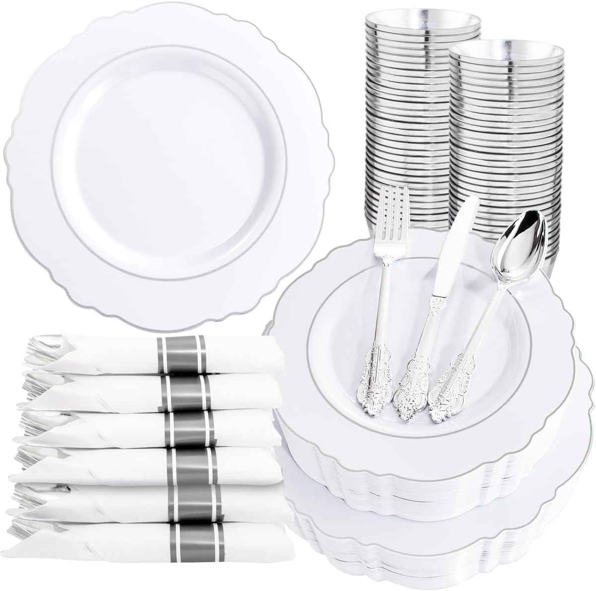 Liacere 350PCS Silver Plastic Plates-Disposable White and Silver Plates 50guest Baroque Plastic Dinnerware Set include 100Plates, 50Pack Pre Rolled Napkins with Silverware 50Cups Perfect for Christmas