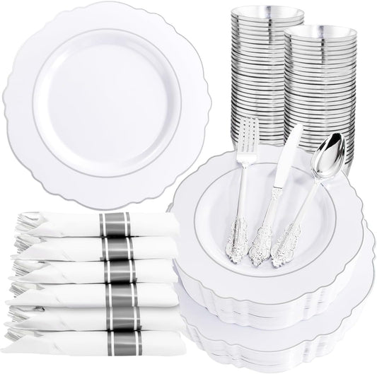 Liacere 350PCS Silver Plastic Plates-Disposable White and Silver Plates 50guest Baroque Plastic Dinnerware Set include 100Plates, 50Pack Pre Rolled Napkins with Silverware 50Cups Perfect for Christmas