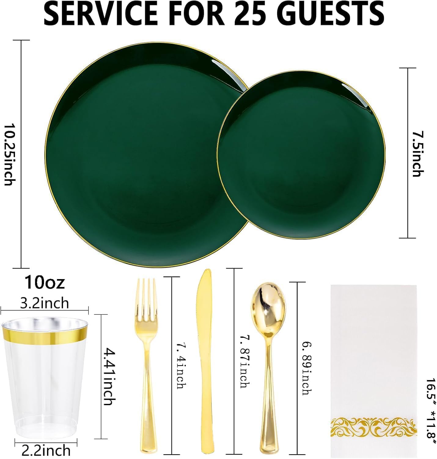 YOUBET 175PCS Green Plastic Plates - Green and Gold Disposable Plates Include 50 Plate, 75 Silverware, 25 Cups, 25 Napkins for Wedding & Party & Christmas