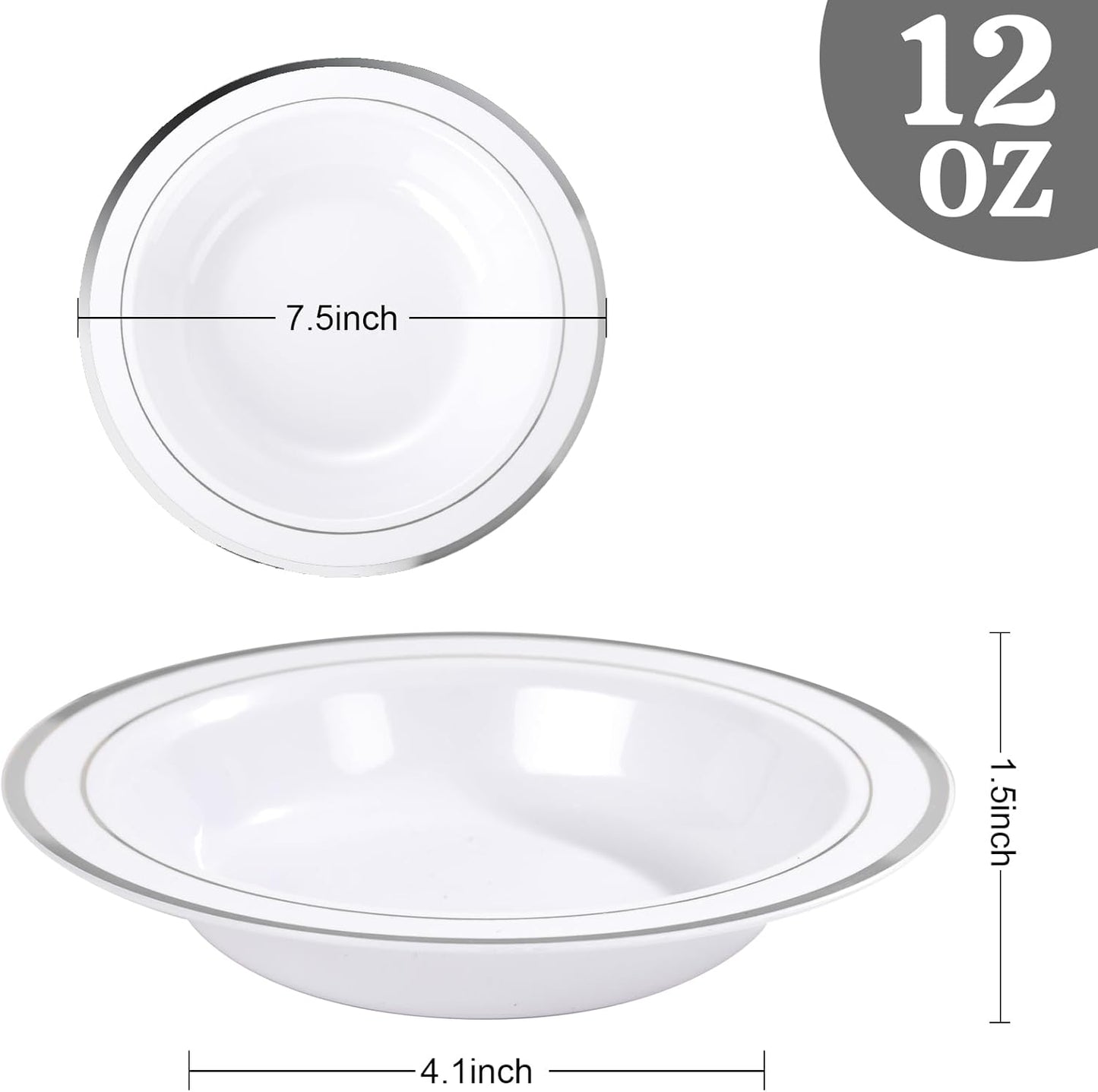 bUCLA 60 Pack Plastic Bowls with Silver Rim - 12 oz Plastic Soup Bowls Disposable for Party, Wedding, Christmas & Gathering