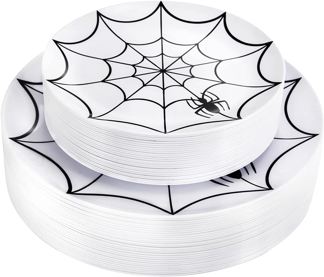 WDF 60Pieces Halloween Plates Disposable Plastic - White and Black with Cobwebs plates Dinnerware include 30PCS 10.25inch and 30PCS 7.5inch Plates for Halloween