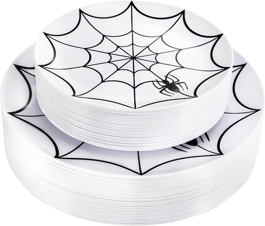 WDF 60Pieces Halloween Plates Disposable Plastic - White and Black with Cobwebs plates Dinnerware include 30PCS 10.25inch and 30PCS 7.5inch Plates for Halloween