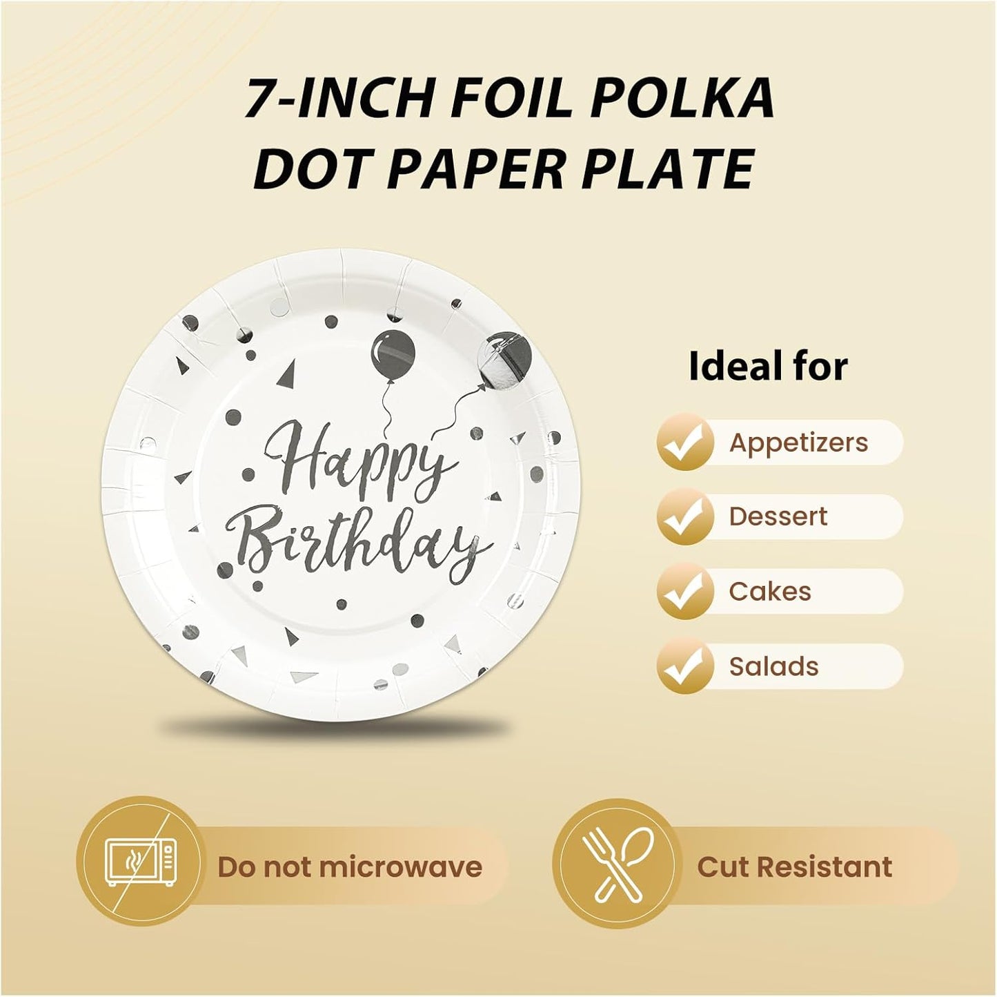 75PCS Happy Birthday Paper Plates - 7 Inch White Sliver Dot Paper Plates and 6.5 Inch Napkins with 6.3 Inch Sliver Forks Disposable Tableware Set for Birthday Party Decorations, Serve 25
