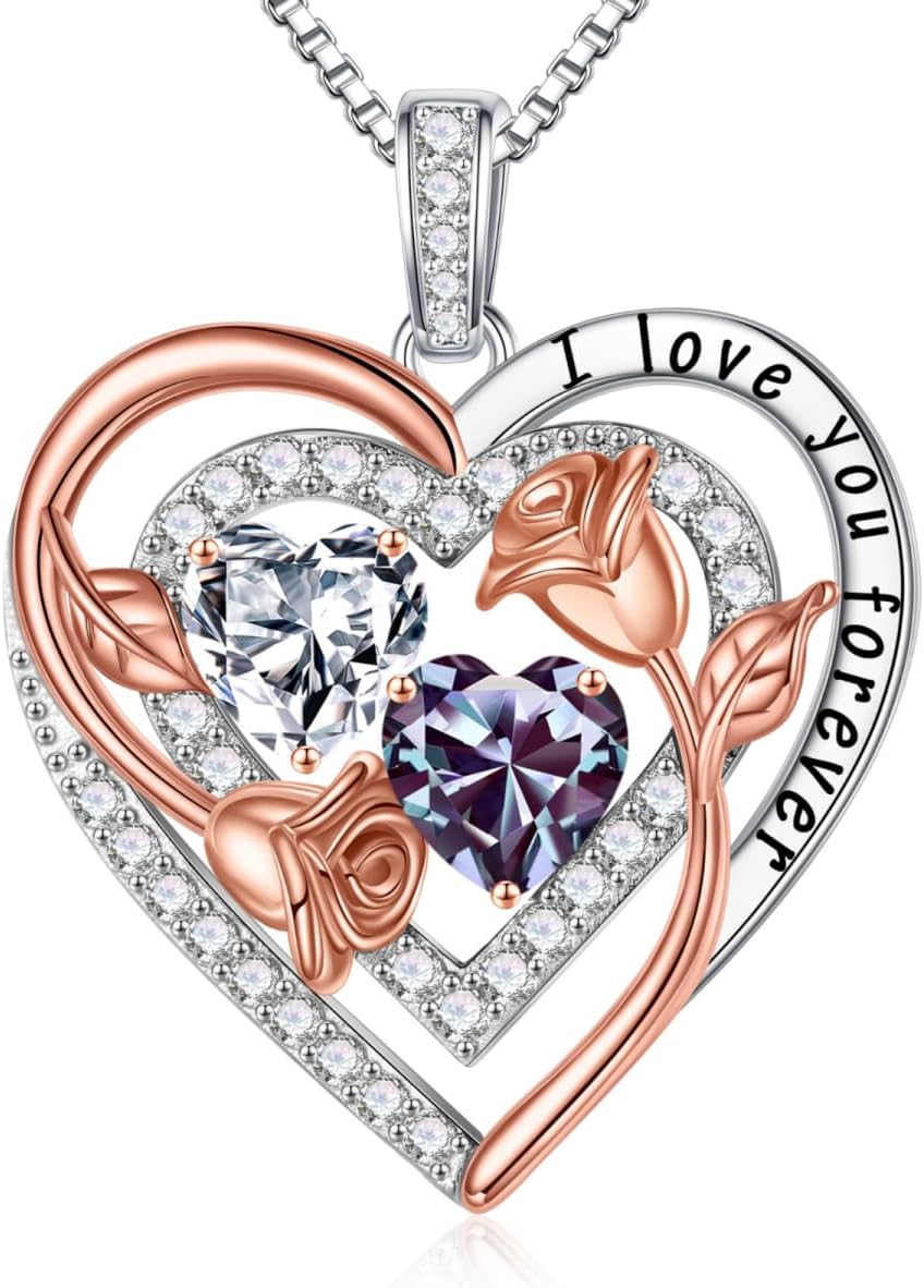 Iefil Birthstone Necklace for Women - Sterling Silver Birthstone Necklace Anniversary Birthday Gifts for Her Wife Mom Daughter