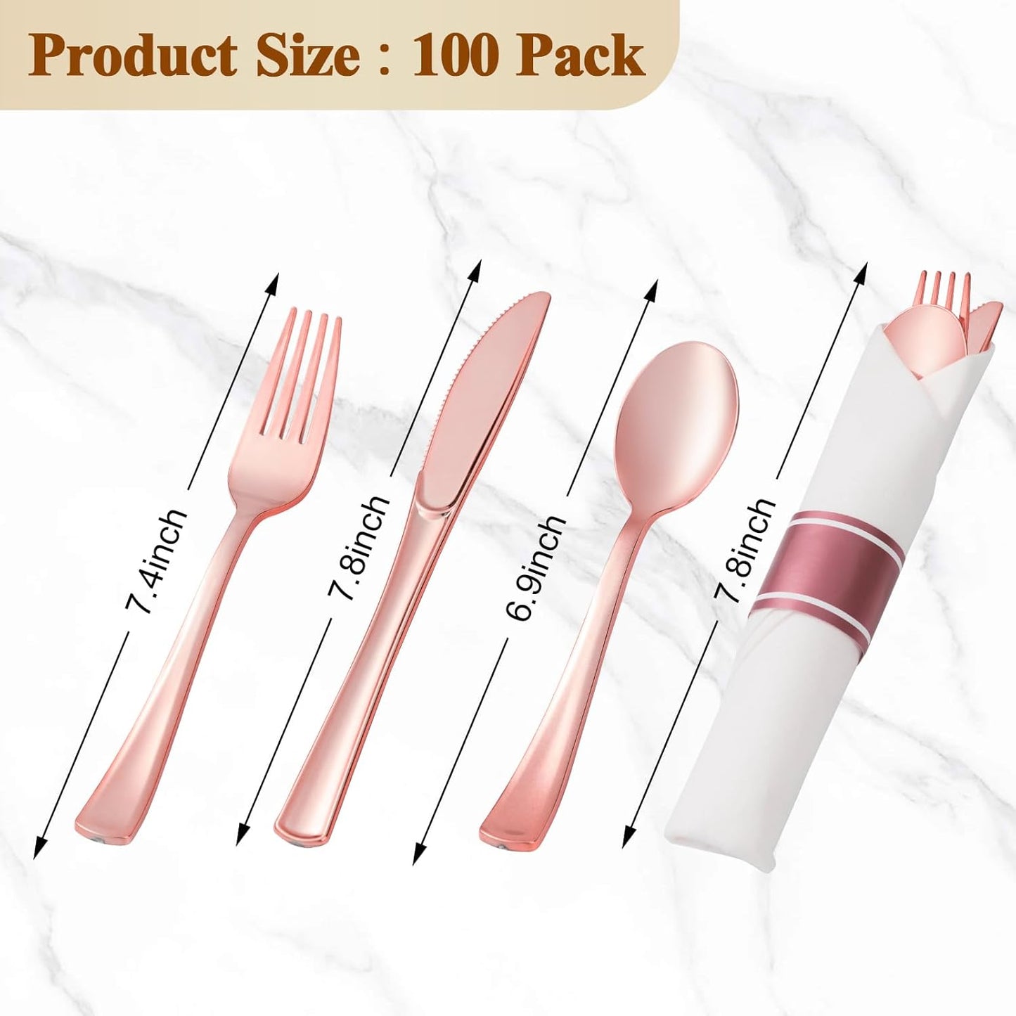 BESTVIP 100 Pack Pre Rolled Rose Gold Plastic Silverware Set, Disposable Wrapped Cutlery Set with 100 Napkins, 100 Knives, 100 Forks and 100 Spoons for Party, Birthday