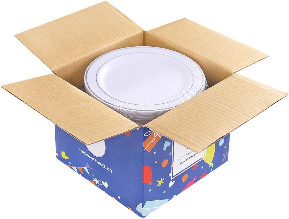 bUCLA 100Pieces Silver Plastic Plates - 6.25inch White with Silver Rim Disposable Salad/Dessert/Appetizer/Small Cake Plates for Weddings, Christmas, Parties&Gathering
