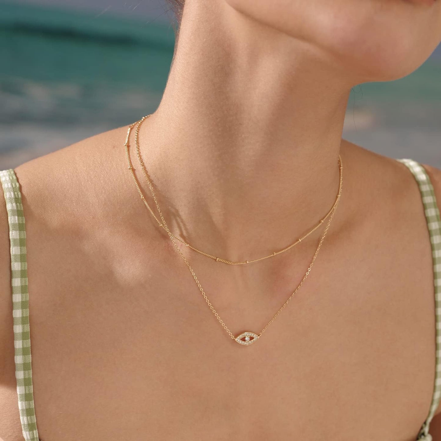 MEVECCO Layered Heart Necklace Pendant Handmade 18k Gold Plated Dainty Gold Choker Arrow Bar Layering Long Necklace for Women