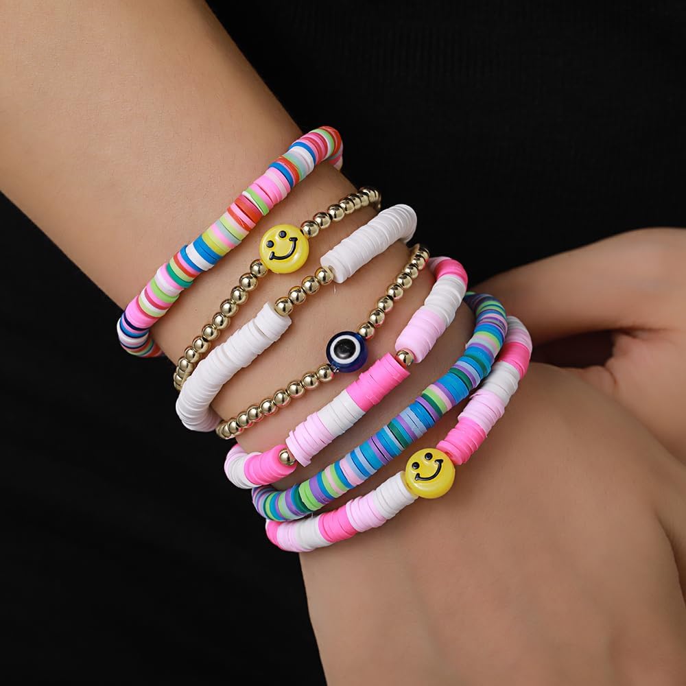 Friendship Bracelets for Women - Heishi Surfer Colorful Smile Evil Eye Clay Beaded Stretch Bracelets Elastic Layering - Stackable Boho Disc Y2K Aesthetic Summer Jewelry Set.