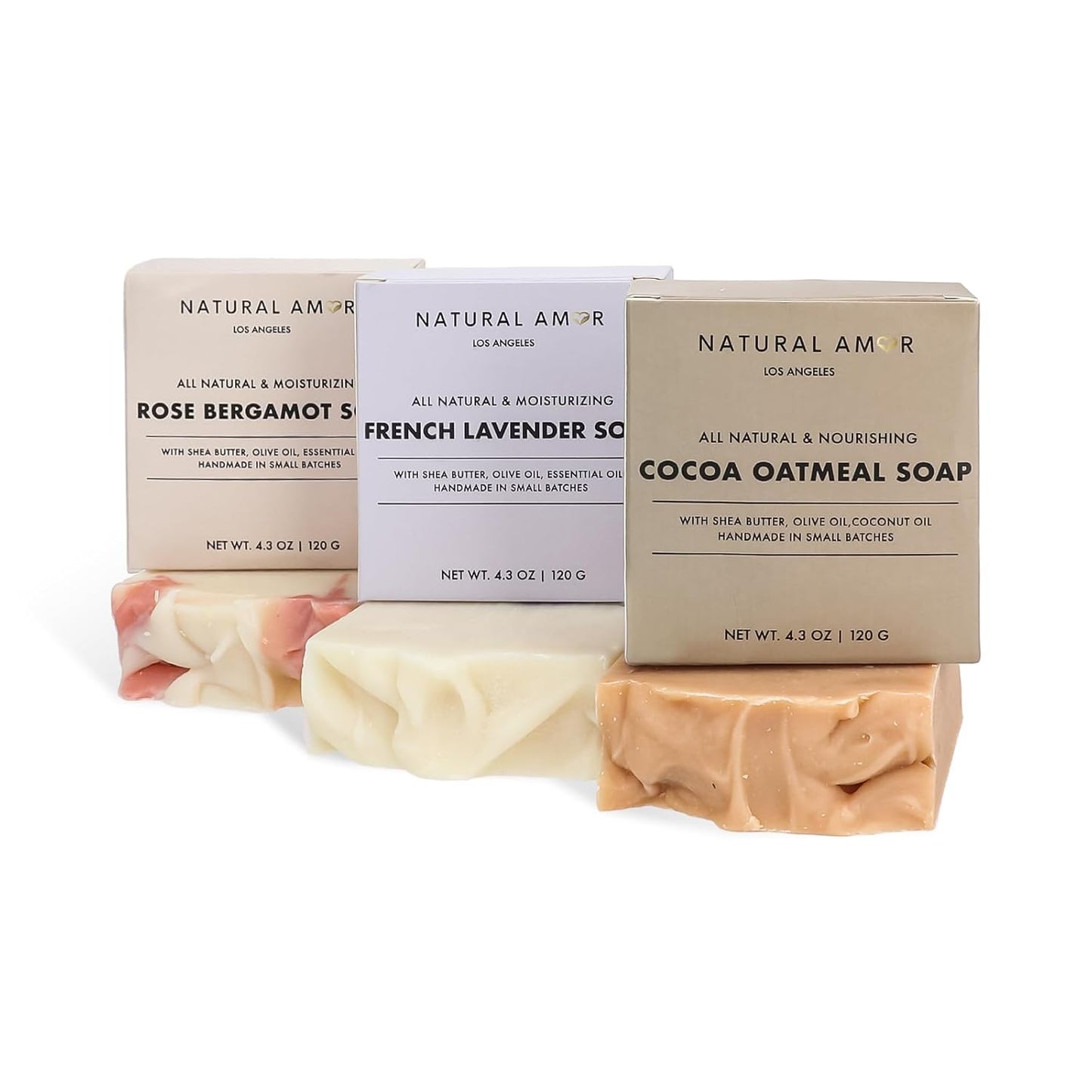 Natural Amor All Natural Handmade Soap Bar, Nourishing 3 pack- Rose Bergamot, Lavender, Unscented Oatmeal Bar Soap, 4.3 OZ each