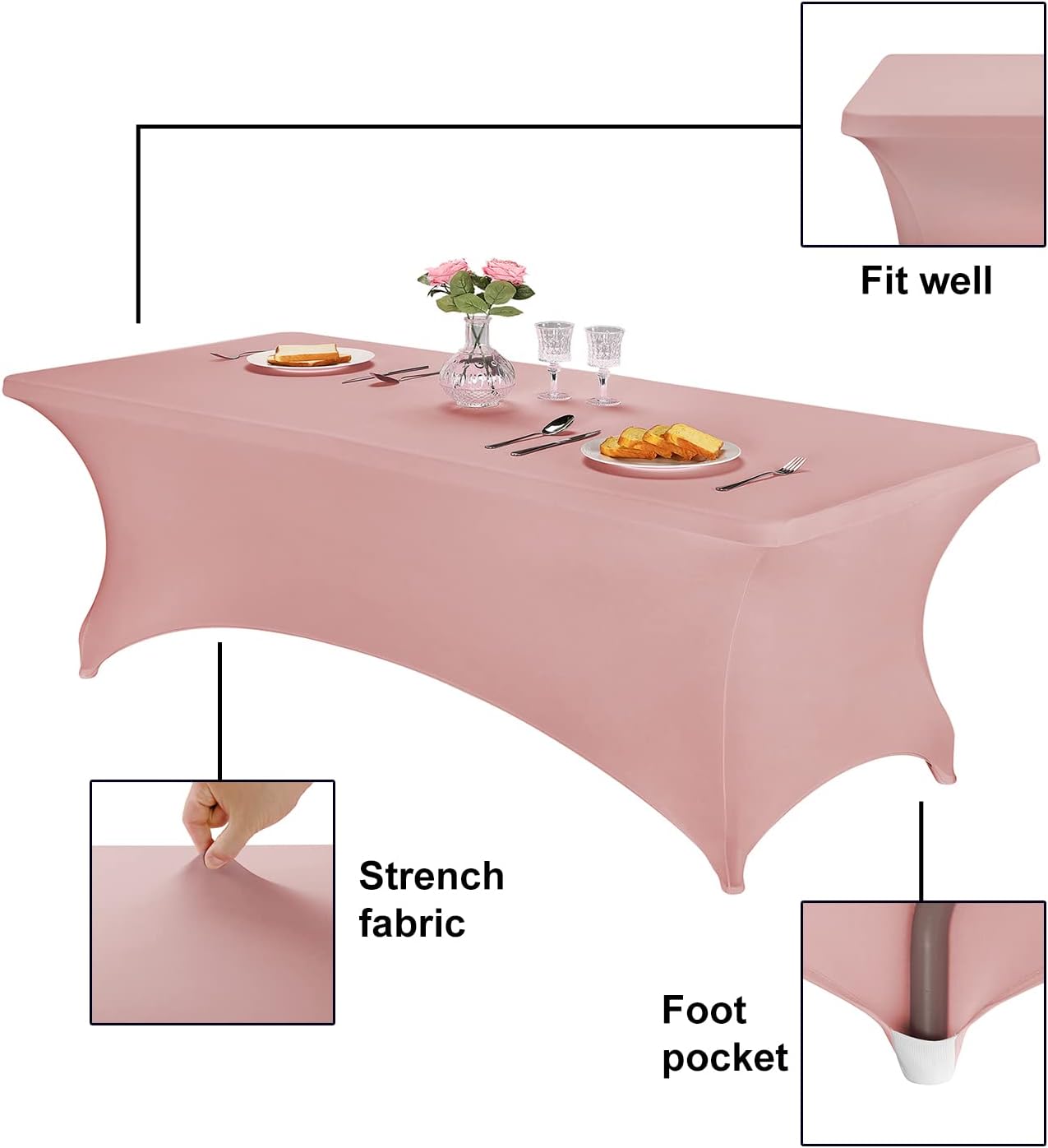 FORLIFE Spandex Table Cover - Fitted 8ft Rectangular Tablecloth, Stretch Patio Cover, Universal for Wedding, Banquet, Party - Dusty Pink