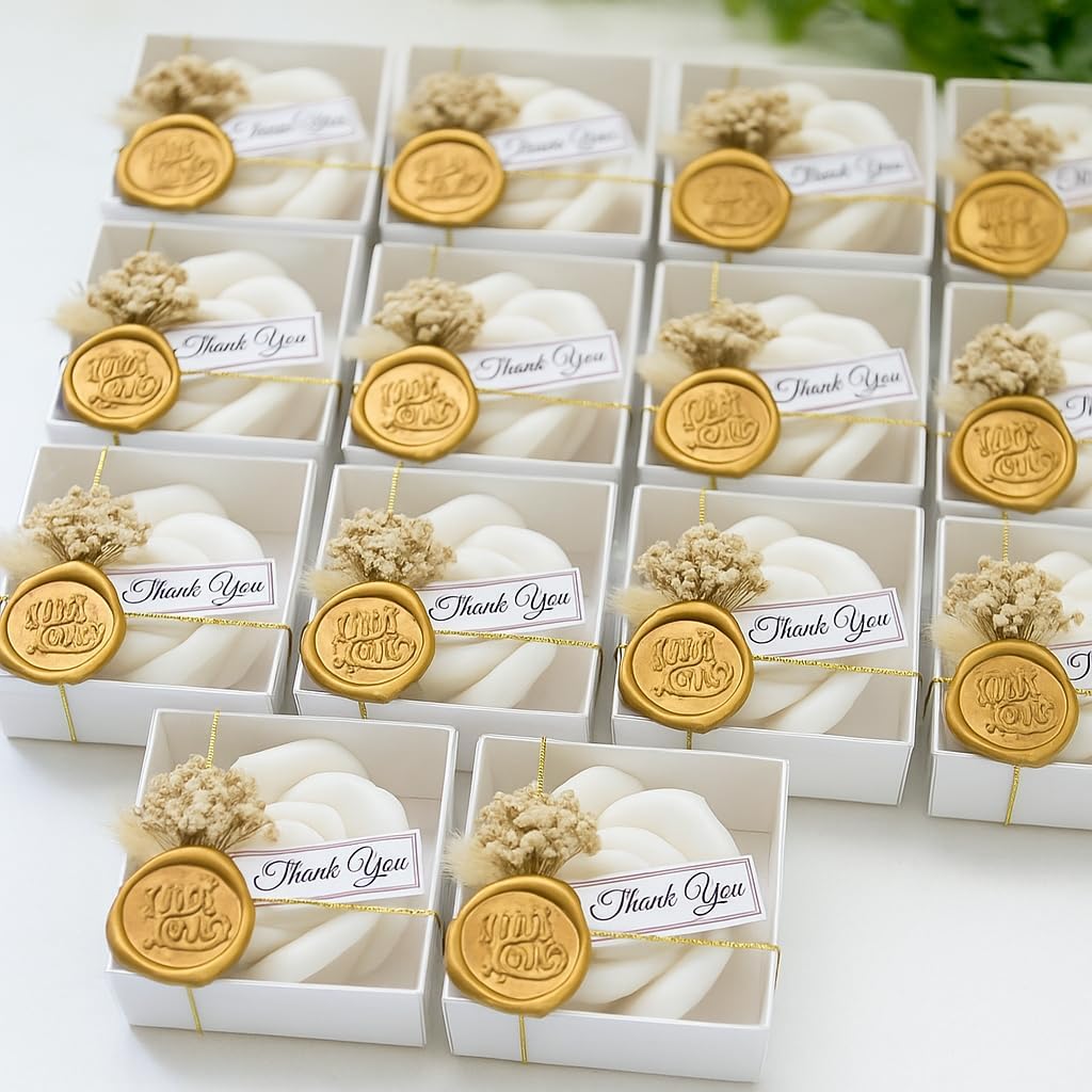 White Rose Petal Soy Wax Candles in Bulk – Rose Candle Wedding Favors for Guests, Personalized Candle Favors for Bridal Shower & Baby Shower Gifts – Dried Flower & Wax Seal Design (10 Pieces)