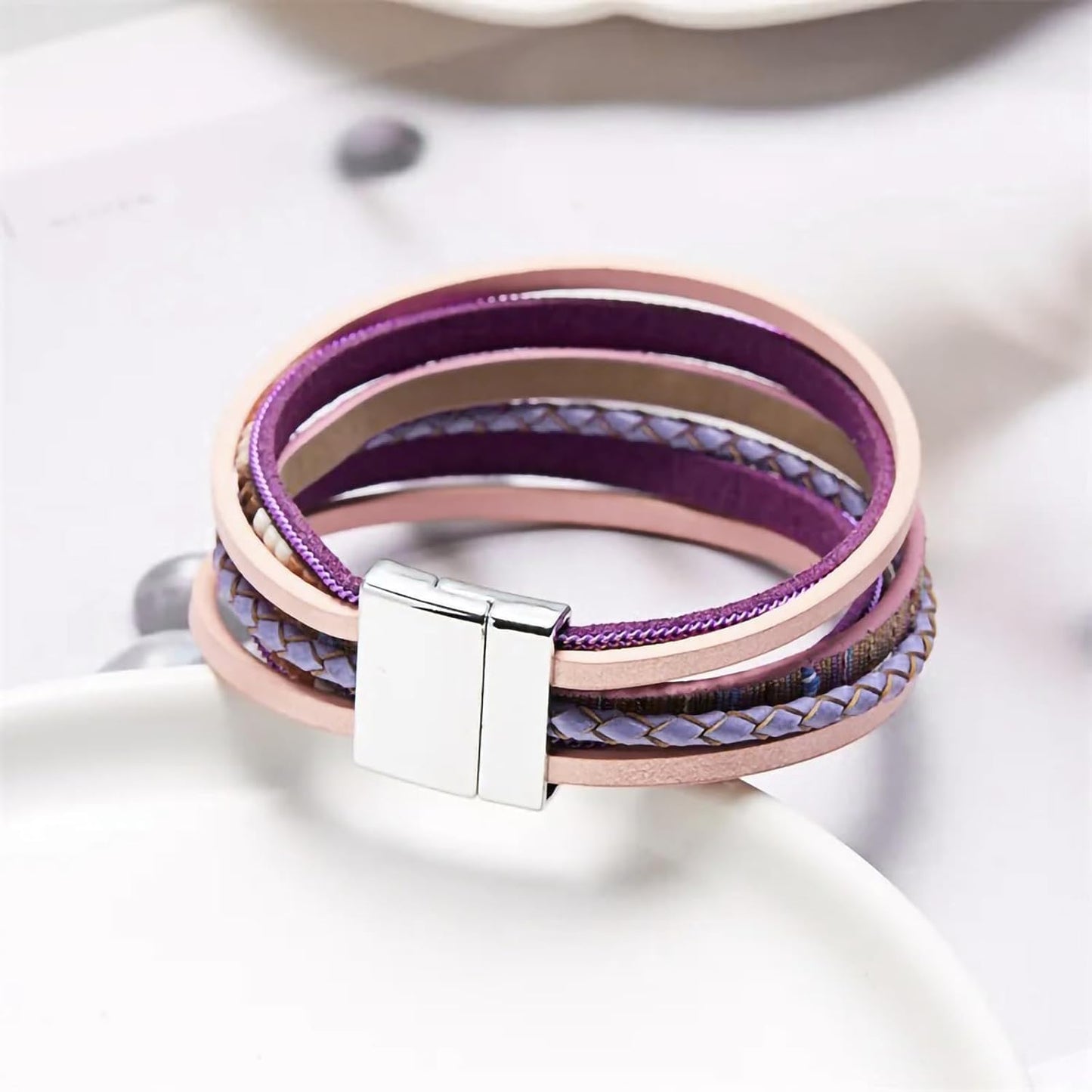 Fesciory Leather Wrap Bracelets for Women, Boho Leopard Multi-Layer Crystal Beads Cuff Bracelet Jewelry